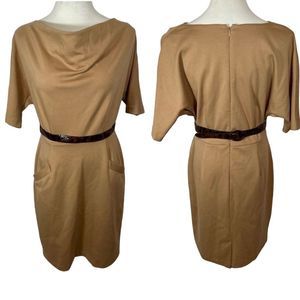 Jones Wear Dress Tan Camel Mock Neck midi dress pockets batwing sleeves belt